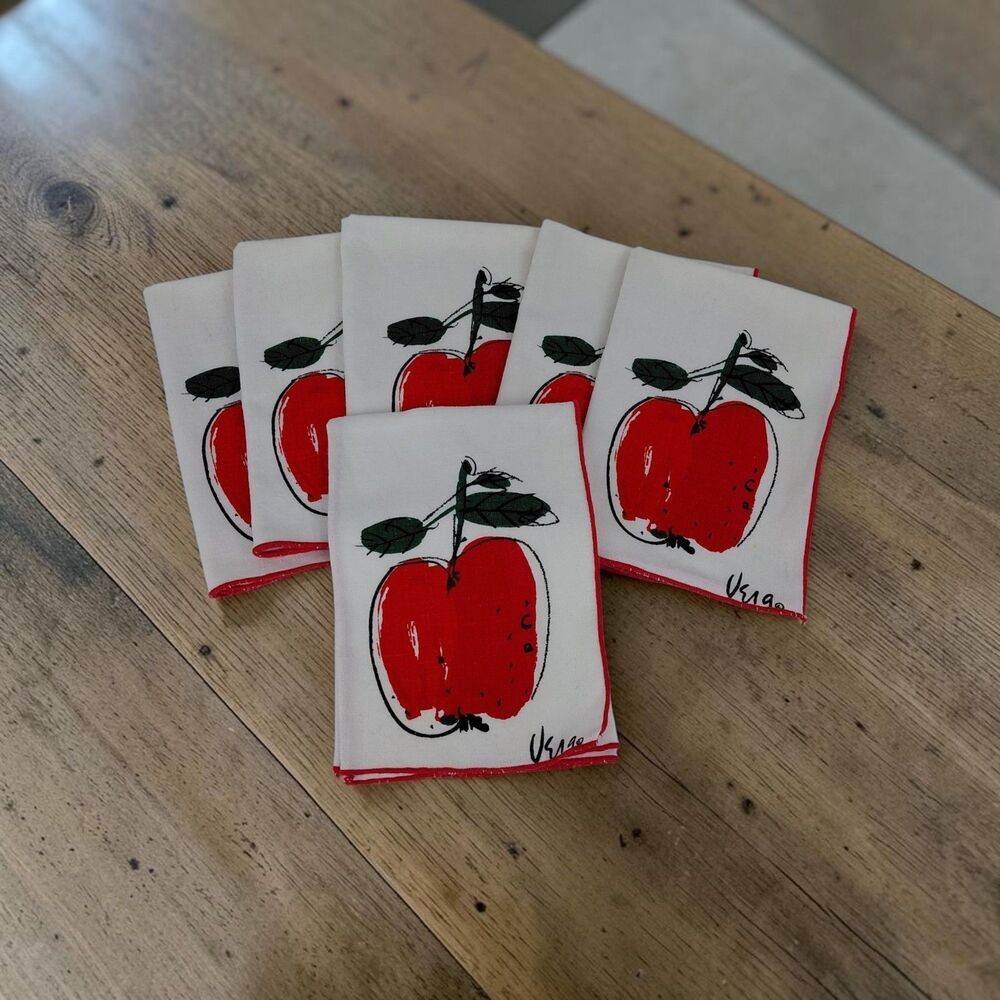 6 Vera Neumann Cloth Napkins Vinyl Placemats Set MCM Apple Mod 1960s